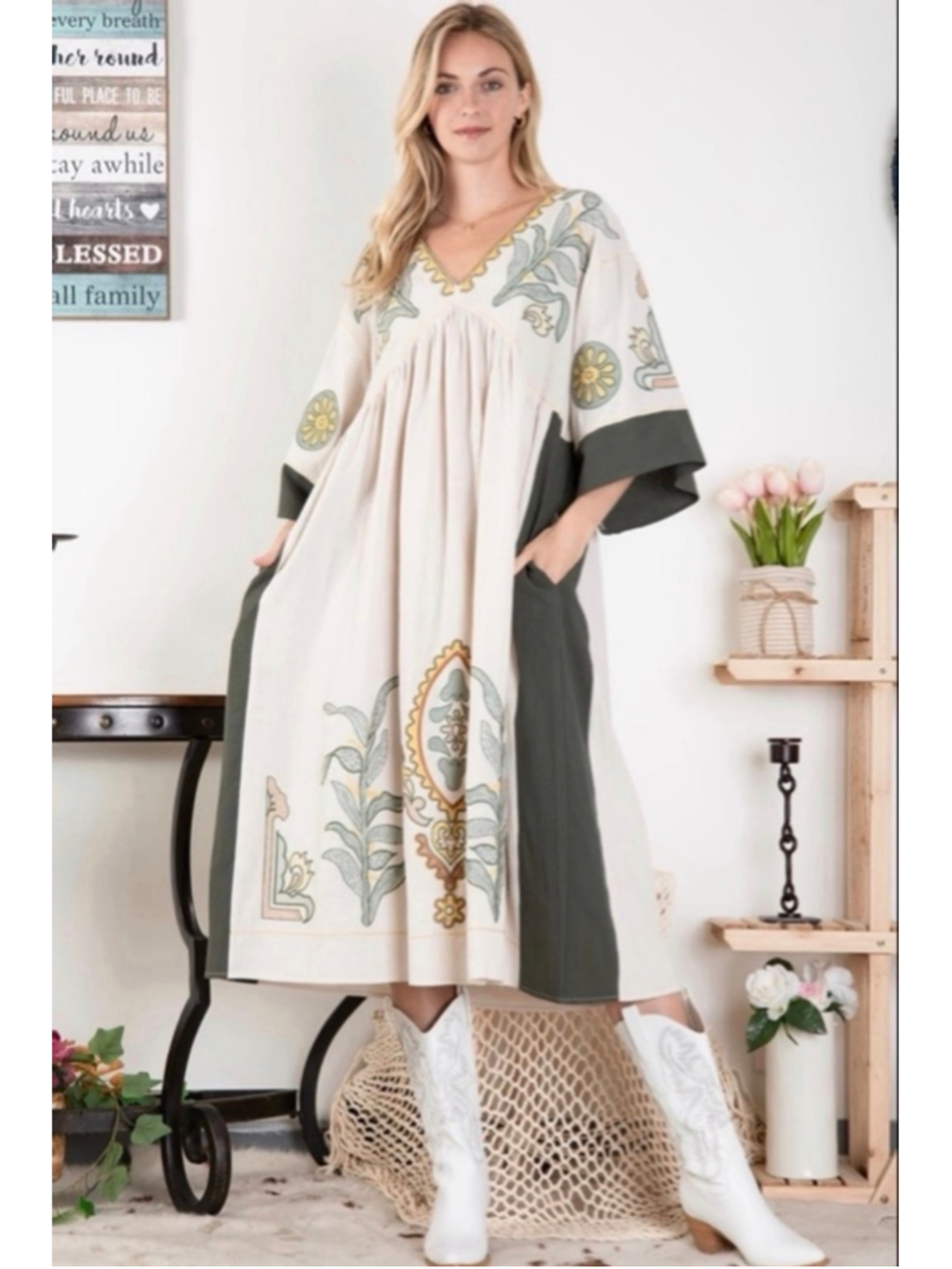 Blue Velvet Boutique Deep V Neck Embroidered Linen/Cotton Dress Taupe/Olive XL
